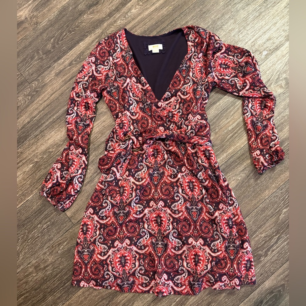 Anthropologie Red & Black Paisley Long Sleeve Wrap Dress
